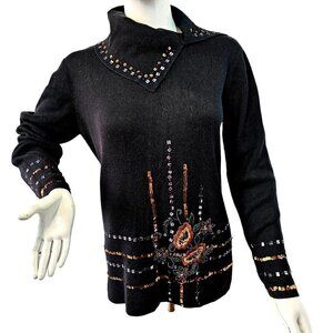 Y2K KIKIT Embellished Black Sweater Sz M Cotton Knit Bead Embroider High Collar